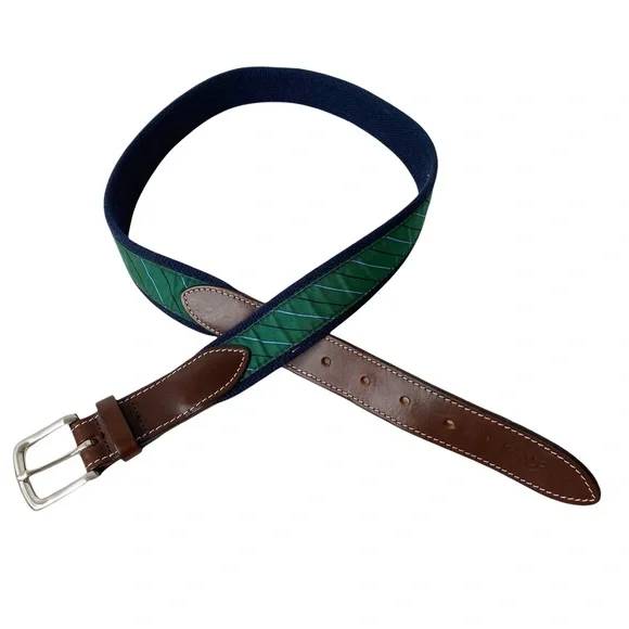 Vineyard Vines Belt Green Navy Blue Stripe Whale Emblem Preppy Academia Size 32 - Picture 3 of 9